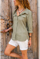 Womens Khaki Washed Linen Side Button Double Pocket Loose Shirt Gk-Rsd3013