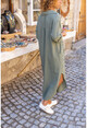 Kadın Haki Yıkamalı Keten Yarım Patlı Cepli Elbise GK-RSD2083