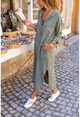 Womens Khaki Washed Linen Half-Pleated Pocket Dress GK-RSD2083