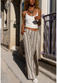 Womens Khaki Washed Linen Slit Striped Waist Elastic Buttoned Loose Trousers Rsd3022