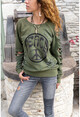 Womens Khaki Washed Ripped Sequins Embroidered Sweatshirt RSDY110