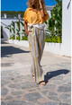 Womens Mustard Waist Elastic Pocket Striped Loose Linen Trousers Bst3258