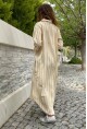 Kadın Hardal Fermuarlı Çizgili Cepli Uzun Salaş Elbise Bst3388