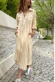 Kadın Hardal Fermuarlı Çizgili Cepli Uzun Salaş Elbise Bst3388