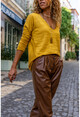 Womens Mustard V-Neck Soft Textured Sweater GK-JR408