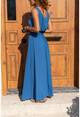 Kadın İndigo Beli Gipeli Askılı Hasır Detaylı Uzun Airobin Elbise BST3251