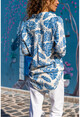 Womens Indigo-Ecru Leaf Patterned Loose Shirt CCK9077