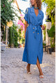 Womens Indigo Linen Jacket Collar Belted Loose Dress BST3162