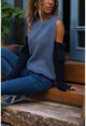 Womens Indigo-Navy Blue Off-the-Shoulder Color Block Sweater GK-CCK6143