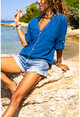 Kadın İndigo Pul İşlemeli Yıkamalı Keten Cepli Salaş Gömlek RSD2080