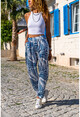 Womens Indigo Satin Waist Elastic Patterned Trousers BST3249