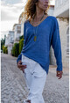 Womens Indigo V-Neck Soft Textured Sweater GK-JR408