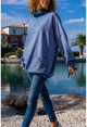 Kadın İndigo Yıkamalı Bağlamalı Cepli Salaş Sweatshirt GK-CCKLD350