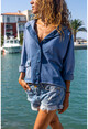 Kadın İndigo Yıkamalı Düğmeli Cepli Salaş Bluz GK-CCKLD355