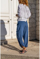 Kadın İndigo Yıkamalı Keten Beli Gipeli Yırtmaçlı Şalvar Pantolon Cck9052
