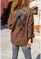 Kadın Kahve Deri Garnili Sırtı Baskılı Kaşe Oversize Ceket Gömlek Bst3289
