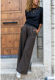 Kadın Kahverengi Kaşe Beli Lastikli Bol Paça Pantolon Bst3274