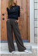 Kadın Kahverengi Kaşe Beli Lastikli Bol Paça Pantolon Bst3274