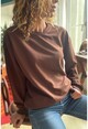 Kadın Kahverengi O Yaka İki İplik Salaş Basic Sweatshirt Vl2