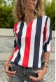Kadın Kırmızı-Beyaz Yakası Yırtmaçlı Çizgili Krep Bluz Gk-Bst2841