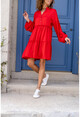 Kadın Kırmızı Eteği Piliseli Yarım Patlı Saten Elbise BST3213