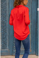 Kadın Kırmızı Gizli Pat Saten Gömlek BST3211