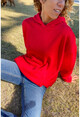 Kadın Kırmızı Kanguru Cep Üç İplik Kapüşonlu Sweatshirt Hs100