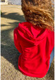 Kadın Kırmızı Kanguru Cep Üç İplik Kapüşonlu Sweatshirt Hs100