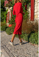 Kadın Kırmızı Kendinden Dokulu Arkası Büzgülü Uzun Elbise Bst3281