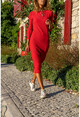 Kadın Kırmızı Kendinden Dokulu Arkası Büzgülü Uzun Elbise Bst3281