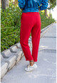 Kadın Kırmızı Kendinden Dokulu Beli Lastikli Cepli Pantolon Bst3273