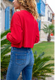Kadın Kırmızı Kendinden Dokulu Cepli Crop Salaş Sweatshirt Bst3321
