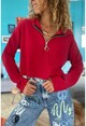 Kadın Kırmızı Kendinden Dokulu Fermuarlı Kapüşonlu Crop Sweatshirt Bst3322