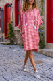 Kadın Kırmızı Keten V Yaka Asimetrik Çizgili Cepli Salaş Elbise Bst3340