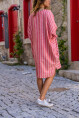 Kadın Kırmızı Keten V Yaka Asimetrik Çizgili Cepli Salaş Elbise Bst3340