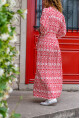 Kadın Kırmızı Kruvaze Beli Bağlamalı Kolu Lastikli Desenli Viskon Elbise Bst3415