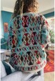 Kadın Kırmızı-Mavi Etnik Desen Oversize Salaş Yumuşak Dokulu Kazak Rsd3053