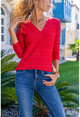 Womens Red V-Neck Self-Textured Basic Blouse GK-BST3191