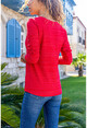 Kadın Kırmızı V Yaka Kendinden Dokulu Basic Bluz GK-BST3191