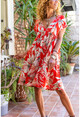 Womens Red V-Neck Pleated Loose Dress Bst3245