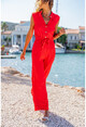 Womens Red Half-Pleated Wide Leg Jumpsuit BST3125