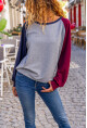 Kadın Lacivert-Bordo Raglan Kol Dikiş Detaylı Kayık Yaka Color Block Sweatshirt Bst3472