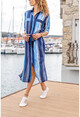 Womens Navy Striped Long Shirt Dress With Belt and Side Slits CCK9079