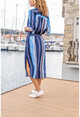 Kadın Lacivert Çizgili Kemerli Yanı Yırtmaçlı Uzun Gömlek Elbise CCK9079