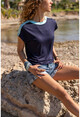 Womens Navy Blue Color Block Shoulder Garnish T-Shirt Bst3229