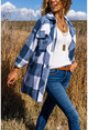 Womens Navy Blue Plaid Pocketed Loose Thick Jacket Shirt GK-BST3174