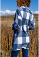 Womens Navy Blue Plaid Pocketed Loose Thick Jacket Shirt GK-BST3174