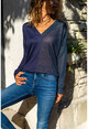 Womens Navy Blue Self Patterned Block V-Neck Blouse GK-BST2937