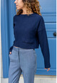Kadın Lacivert Kendinden Dokulu Cepli Crop Salaş Sweatshirt Bst3321