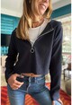 Kadın Lacivert Kendinden Dokulu Fermuarlı Kapüşonlu Crop Sweatshirt Bst3322